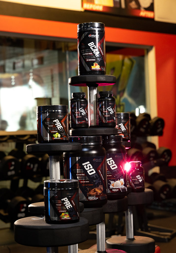 Photograph of MyoFX product line displayed stylistically on dumbbells 