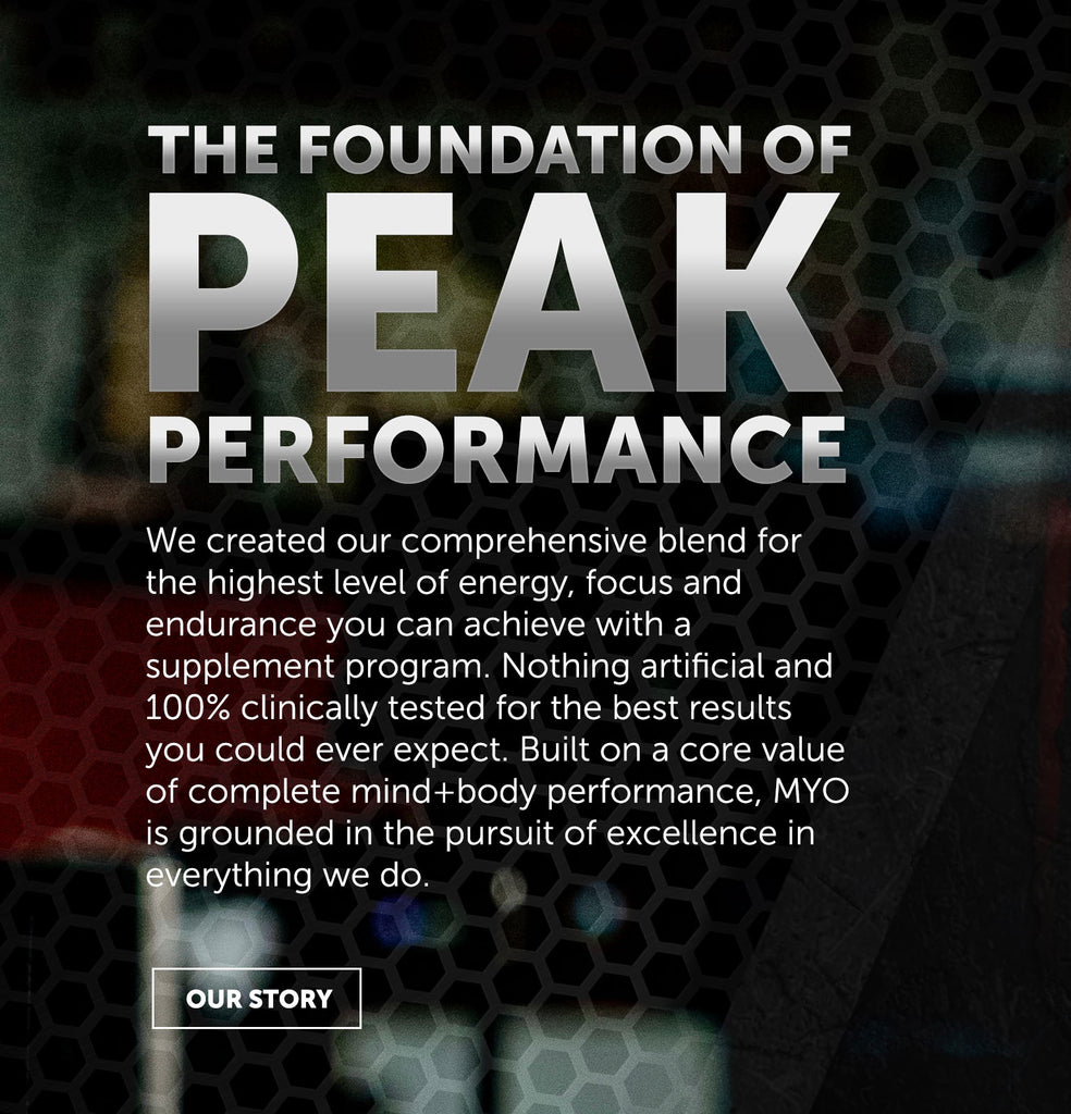 Weightlifter photograph with overlaid text mobile: The foundation of PEAK performance. We created our comprehensive blend for the highest level of energy, focus and endurance you can achieve with a supplement program. Nothing artificial and 100% clinically tested for the best results you could ever expect. Built on a core value of complete mind+body performance. MYO is grounded in the pursuit of excellence in everything we do. Our Story.