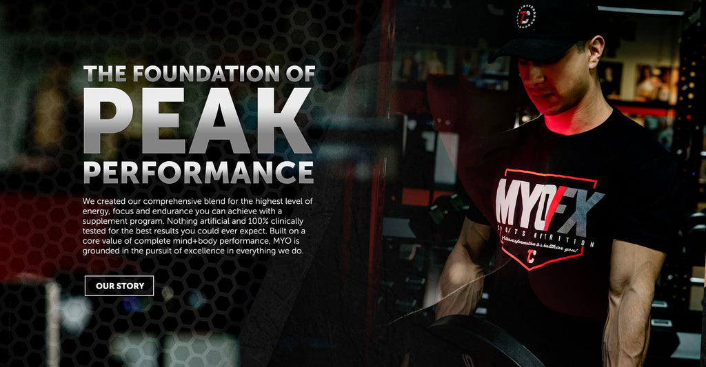 Weightlifter photograph with overlaid text: The foundation of PEAK performance. We created our comprehensive blend for the highest level of energy, focus and endurance you can achieve with a supplement program. Nothing artificial and 100% clinically tested for the best results you could ever expect. Built on a core value of complete mind+body performance. MYO is grounded in the pursuit of excellence in everything we do. Our Story.