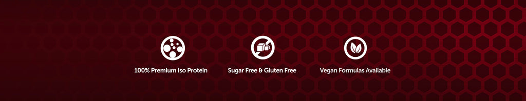 Product features bar section. 100% premium Iso Protein, Sugar Free & Gluten, Vegan Formulas Available